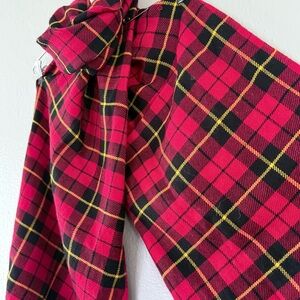 Punctuate wool and acrylic scarf with a red tartan print plaid